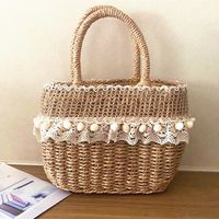 Women's Medium Straw Solid Color Vacation Beach Weave Lace String Straw Bag sku image 2