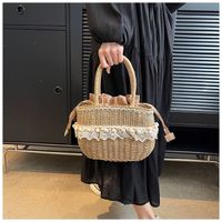 Women's Medium Straw Solid Color Vacation Beach Weave Lace String Straw Bag main image 5