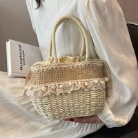 Women's Medium Straw Solid Color Vacation Beach Weave Lace String Straw Bag main image 4