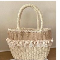 Women's Medium Straw Solid Color Vacation Beach Weave Lace String Straw Bag sku image 1