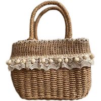 Women's Medium Straw Solid Color Vacation Beach Weave Lace String Straw Bag main image 2