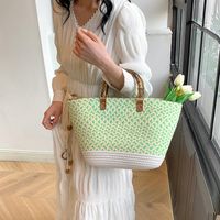Women's Large Braid Color Block Vacation Beach Weave Open Tote Bag main image 5