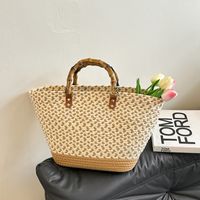 Women's Large Braid Color Block Vacation Beach Weave Open Tote Bag sku image 3