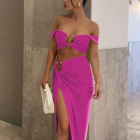 Party Beach Date Women's Sexy Solid Color Spandex Polyester Metal Hollow Out Skirt Sets Skirt Sets main image 4