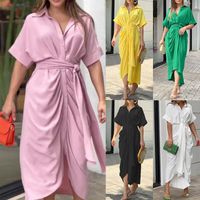Women's Sheath Dress Streetwear Turndown Shirt Collar Pleated Short Sleeve Solid Color Midi Dress Holiday Beach main image 6