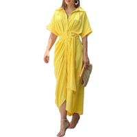 Women's Sheath Dress Streetwear Turndown Shirt Collar Pleated Short Sleeve Solid Color Midi Dress Holiday Beach main image 2