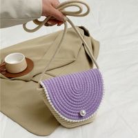 Women's Cotton Straw Color Block Elegant Cute Classic Style Pearls Flip Cover Crossbody Bag sku image 3