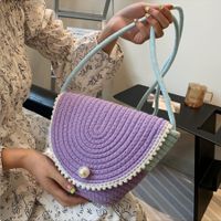 Women's Cotton Straw Color Block Elegant Cute Classic Style Pearls Flip Cover Crossbody Bag sku image 2