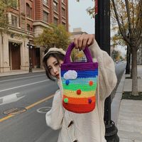 Women's Medium Plush Rainbow Stripe Cute Beading Weave Bucket Open Crossbody Bag main image 2