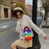 Women's Medium Plush Rainbow Stripe Cute Beading Weave Bucket Open Crossbody Bag main image 3