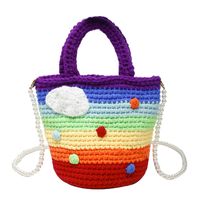 Women's Medium Plush Rainbow Stripe Cute Beading Weave Bucket Open Crossbody Bag sku image 1