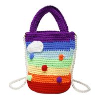 Women's Medium Plush Rainbow Stripe Cute Beading Weave Bucket Open Crossbody Bag sku image 2