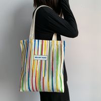 Women's Medium Canvas Rainbow Stripe Basic Zipper Canvas Bag sku image 1