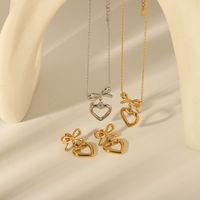 304 Stainless Steel 14K Gold Plated Sweet Commute Heart Shape Bow Knot Earrings Necklace Jewelry Set main image 7