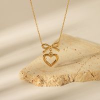 304 Stainless Steel 14K Gold Plated Sweet Commute Heart Shape Bow Knot Earrings Necklace Jewelry Set main image 3