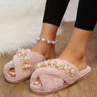 Women's Casual Elegant Solid Color Pearls Round Toe Cotton Slippers main image 4