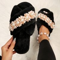Women's Casual Elegant Solid Color Pearls Round Toe Cotton Slippers sku image 7