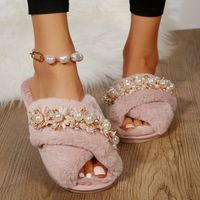 Women's Casual Elegant Solid Color Pearls Round Toe Cotton Slippers sku image 10