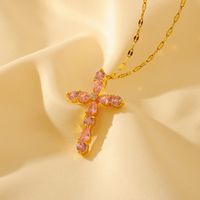Wholesale Glam Shiny Cross Copper Plating Inlay 18K Gold Plated Zircon Pendant Necklace main image 4