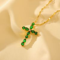 Wholesale Glam Shiny Cross Copper Plating Inlay 18K Gold Plated Zircon Pendant Necklace sku image 1