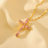 Wholesale Glam Shiny Cross Copper Plating Inlay 18K Gold Plated Zircon Pendant Necklace sku image 2