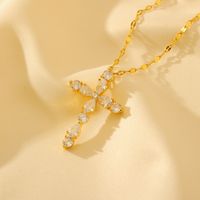 Wholesale Glam Shiny Cross Copper Plating Inlay 18K Gold Plated Zircon Pendant Necklace sku image 3