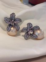 1 Pair Elegant Lady Flower Plating Inlay Imitation Pearl Copper Zircon Earrings sku image 5