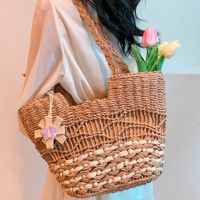 Women's Straw Solid Color Beach Classic Style Weave Zipper Straw Bag sku image 2