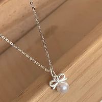 Sterling Silver Casual Inlay Bow Knot Pearl Pendant Necklace main image 3