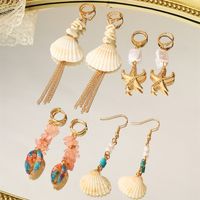 1 Pair Casual Beach Starfish Conch Shell Beaded Natural Stone 18K Gold Plated Drop Earrings main image 1