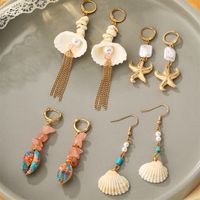 1 Pair Casual Beach Starfish Conch Shell Beaded Natural Stone 18K Gold Plated Drop Earrings main image 3