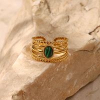 304 Stainless Steel 18K Gold Plated IG Style Inlay Geometric Natural Stone Malachite Open Rings main image 8