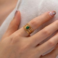 304 Stainless Steel 18K Gold Plated IG Style Inlay Geometric Natural Stone Malachite Open Rings main image 7