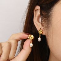 1 Pair Simple Style Oval Inlay 304 Stainless Steel Pearl 18K Gold Plated Drop Earrings main image 9