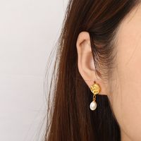 1 Pair Simple Style Oval Inlay 304 Stainless Steel Pearl 18K Gold Plated Drop Earrings main image 8