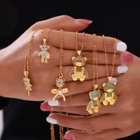 Wholesale Casual Elegant Simple Style Little Bear 304 Stainless Steel Rhinestone Copper Plating Inlay 18K Gold Plated Artificial Pearls Rhinestones Pendant Necklace main image 4