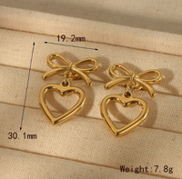304 Stainless Steel 14K Gold Plated Sweet Commute Heart Shape Bow Knot Earrings Necklace Jewelry Set main image 2