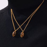 304 Stainless Steel 18K Gold Plated Retro British Style Plating Inlay Oval Pea Natural Stone Tiger Eye Pendant Necklace main image 2