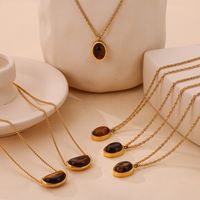 304 Stainless Steel 18K Gold Plated Retro British Style Plating Inlay Oval Pea Natural Stone Tiger Eye Pendant Necklace main image 5