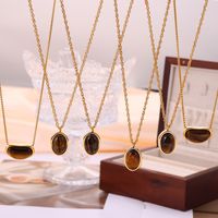304 Stainless Steel 18K Gold Plated Retro British Style Plating Inlay Oval Pea Natural Stone Tiger Eye Pendant Necklace main image 7