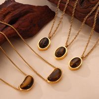 304 Stainless Steel 18K Gold Plated Retro British Style Plating Inlay Oval Pea Natural Stone Tiger Eye Pendant Necklace main image 6