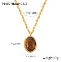 304 Stainless Steel 18K Gold Plated Retro British Style Plating Inlay Oval Pea Natural Stone Tiger Eye Pendant Necklace sku image 8