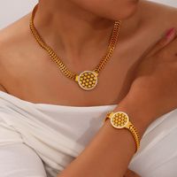 304 Stainless Steel 18K Gold Plated Casual Simple Style Commute Plating Hollow Out Inlay Round Flower Rhinestones Bracelets Necklace Jewelry Set main image 4