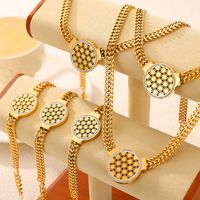 304 Stainless Steel 18K Gold Plated Casual Simple Style Commute Plating Hollow Out Inlay Round Flower Rhinestones Bracelets Necklace Jewelry Set main image 8