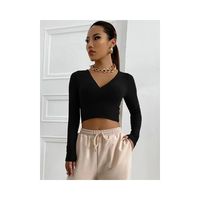Women's Wrap Crop Top Long Sleeve Blouses V-Opening Casual Simple Solid Color main image 5