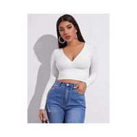 Women's Wrap Crop Top Long Sleeve Blouses V-Opening Casual Simple Solid Color main image 1
