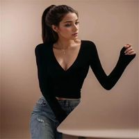 Women's Wrap Crop Top Long Sleeve Blouses V-Opening Casual Simple Solid Color main image 4