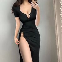 Women's Sheath Dress Sexy Simple Style Classic Style U Neck Strapless Thigh Slit Short Sleeve Simple Solid Color Maxi Long Dress Holiday Daily main image 2