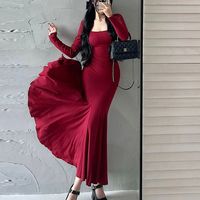 Women's Sheath Dress Simple Style Classic Style U Neck Wrap Long Sleeve Simple Solid Color Maxi Long Dress Daily Date Bar main image 1
