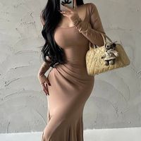 Women's Sheath Dress Simple Style Classic Style U Neck Wrap Long Sleeve Simple Solid Color Maxi Long Dress Daily Date Bar main image 6